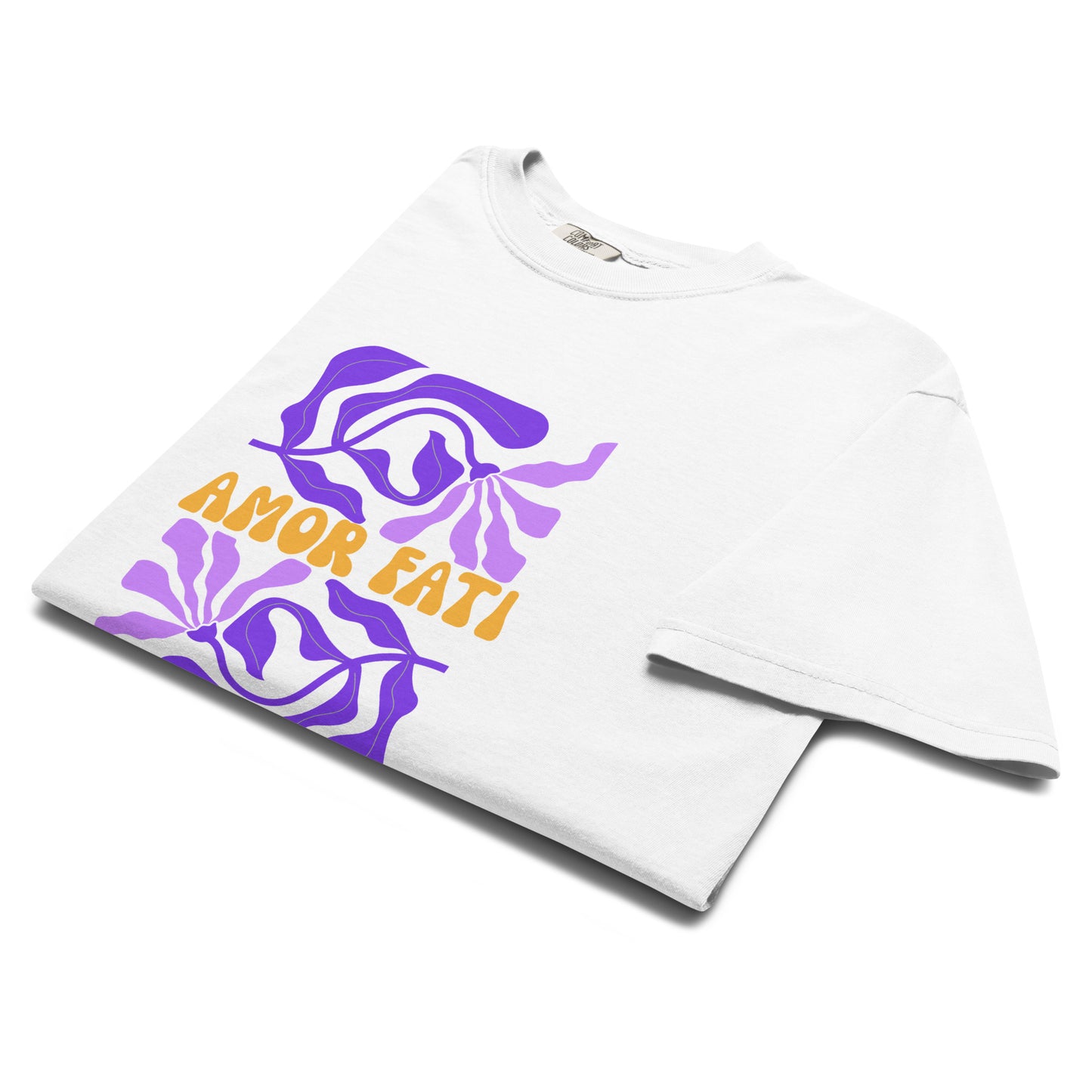 Folded t-shirt shot with amor fati design inspired by the white lotus season 3